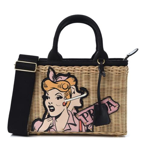 prada comic bag|PRADA Wicker Canvas Patch Comics Shoulder Bag Black.